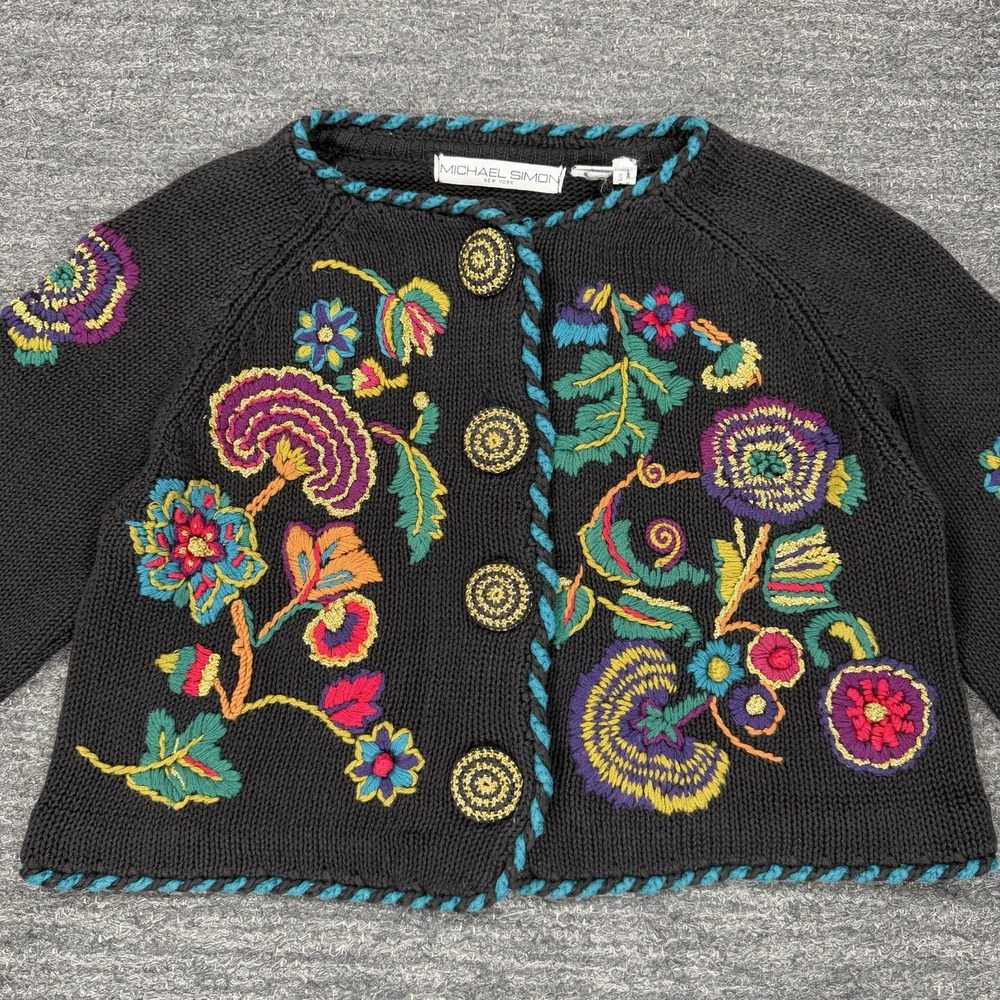 VTG Michael Simon Cardigan Women Medium Black Boxy Fit Embroidered Flower Garden